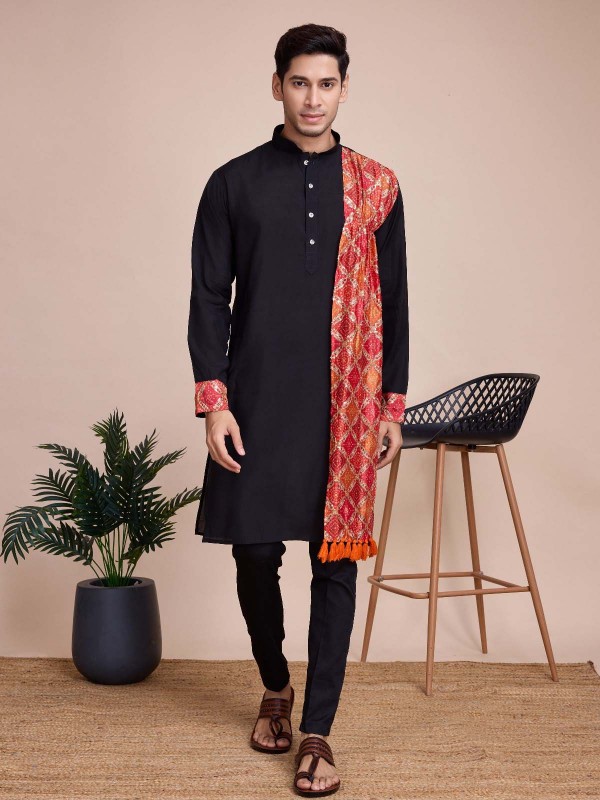 Black Silk Readymade Kurta With Stole